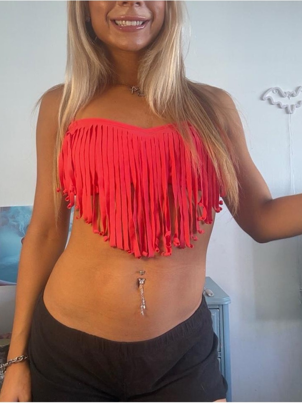 roxy swim y2k coral pink fringe bikini beach top